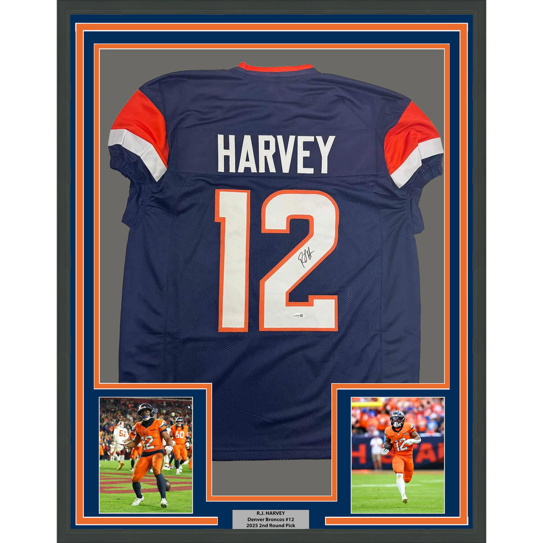 Framed Autographed/Signed RJ Harvey 35x39 Denver Blue Football Jersey JSA COA