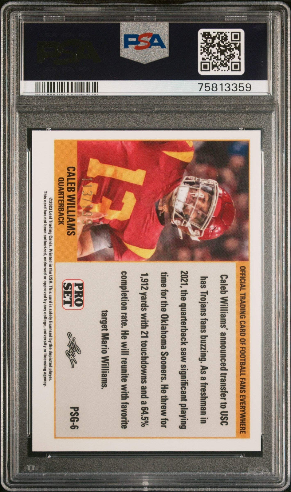 Graded 2023 Leaf Web Exc Caleb Williams #PSG6 Gold #/199 RC Football Card PSA 10