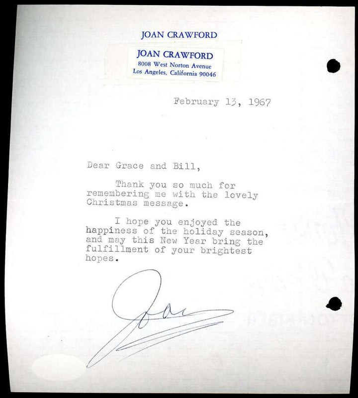 Joan Crawford JSA Coa Signed 1967 Personal Letter Autograph