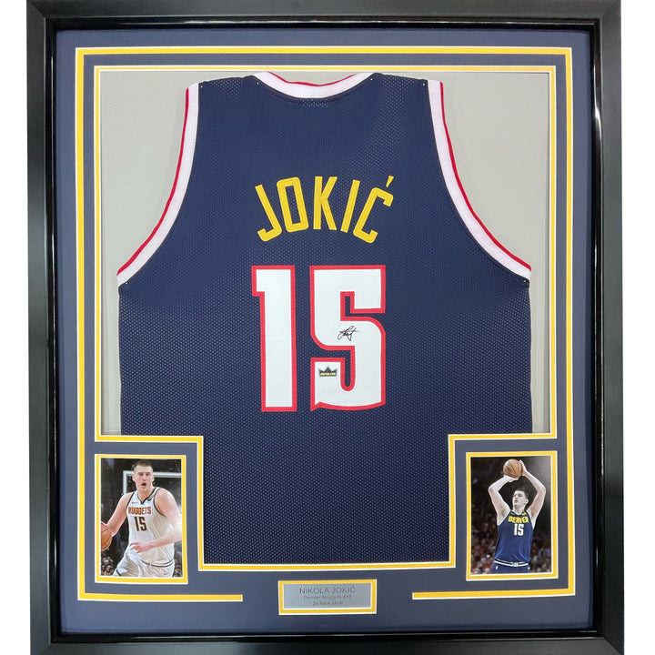 Framed Facsimile Autographed Nikola Jokic 33x42 Blue Reprint Laser Auto Jersey