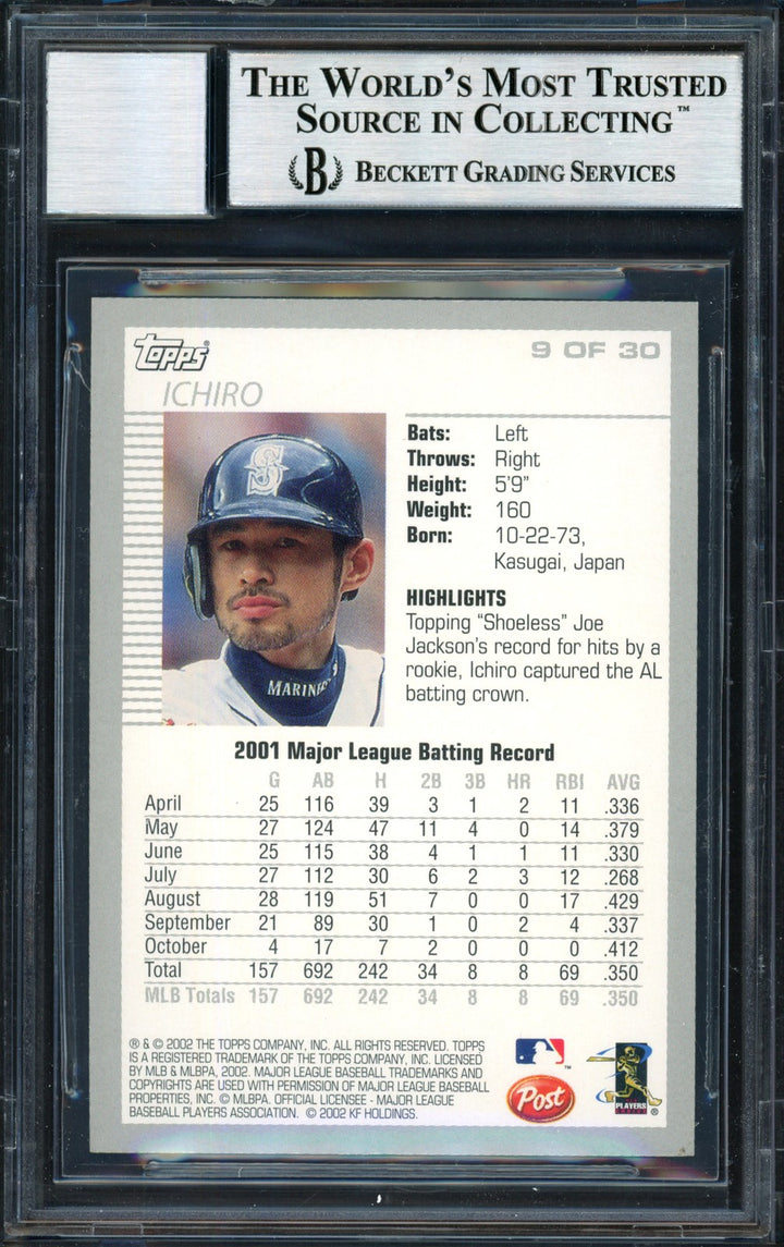 Ichiro Suzuki Signed 2002 Topps Post Card 9 Mariners Auto 10 Beckett #12491005
