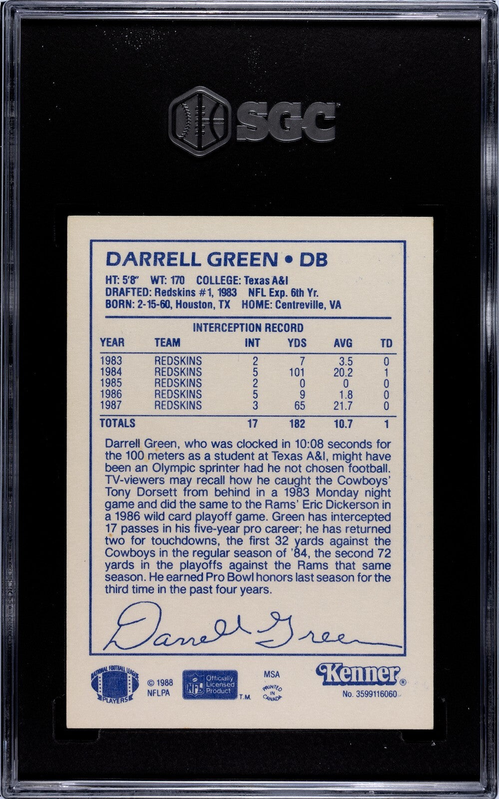 Darrell Green 1988 Kenner Starting Lineup Card Washington- SGC Graded 8.5 NM-MT+