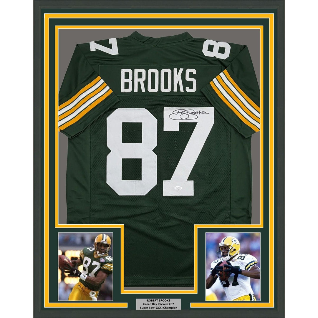 Framed Autographed/Signed Robert Brooks 35x39 Green Bay Jersey JSA COA