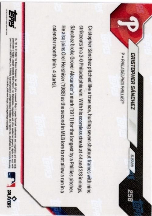 2026 Topps Now Cristopher Sanchez #258 Gold Foil /50 Baseball Card
