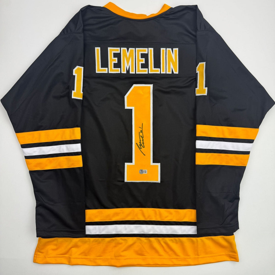 Autographed/Signed Rejean Lemelin Boston Black Hockey Jersey Beckett BAS COA