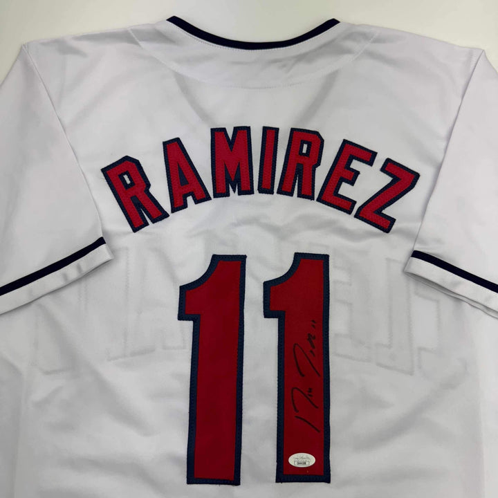 Autographed/Signed JOSE RAMIREZ Cleveland White Baseball Jersey Beckett BAS COA