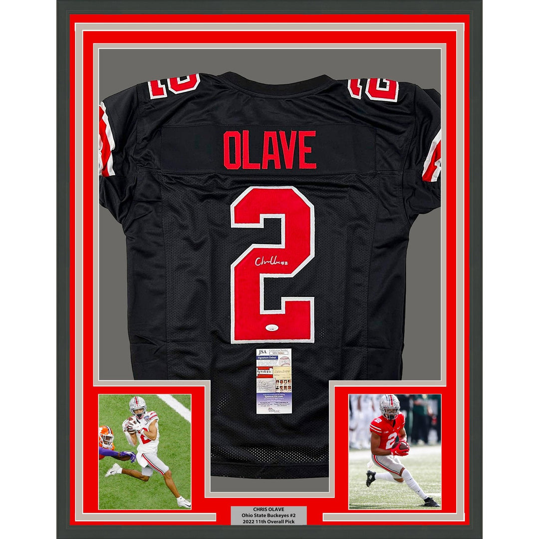 Framed Autographed/Signed Chris Olave 35x39 Ohio State Black Jersey JSA COA