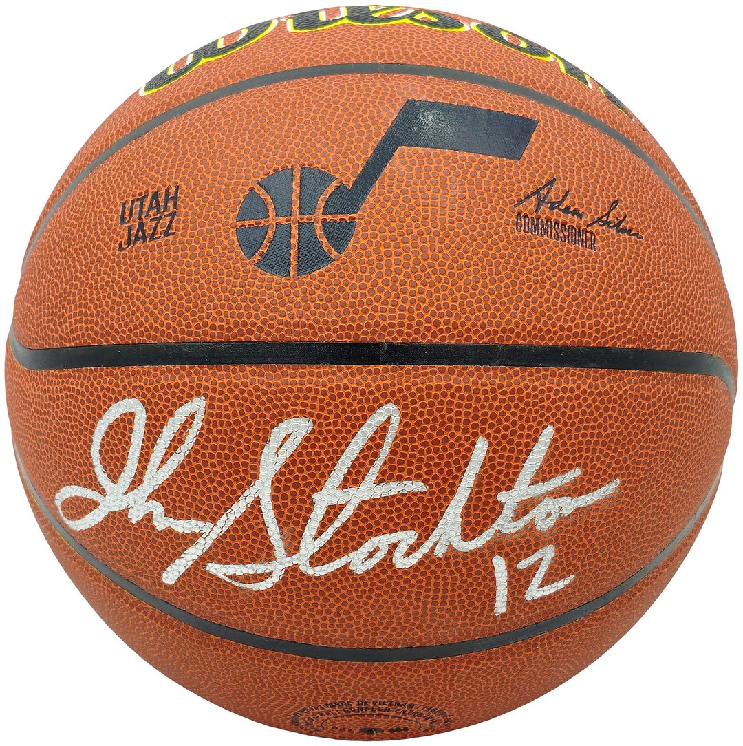 John Stockton & Karl Malone Auto Composite Leather Jazz Logo Basketball Beckett