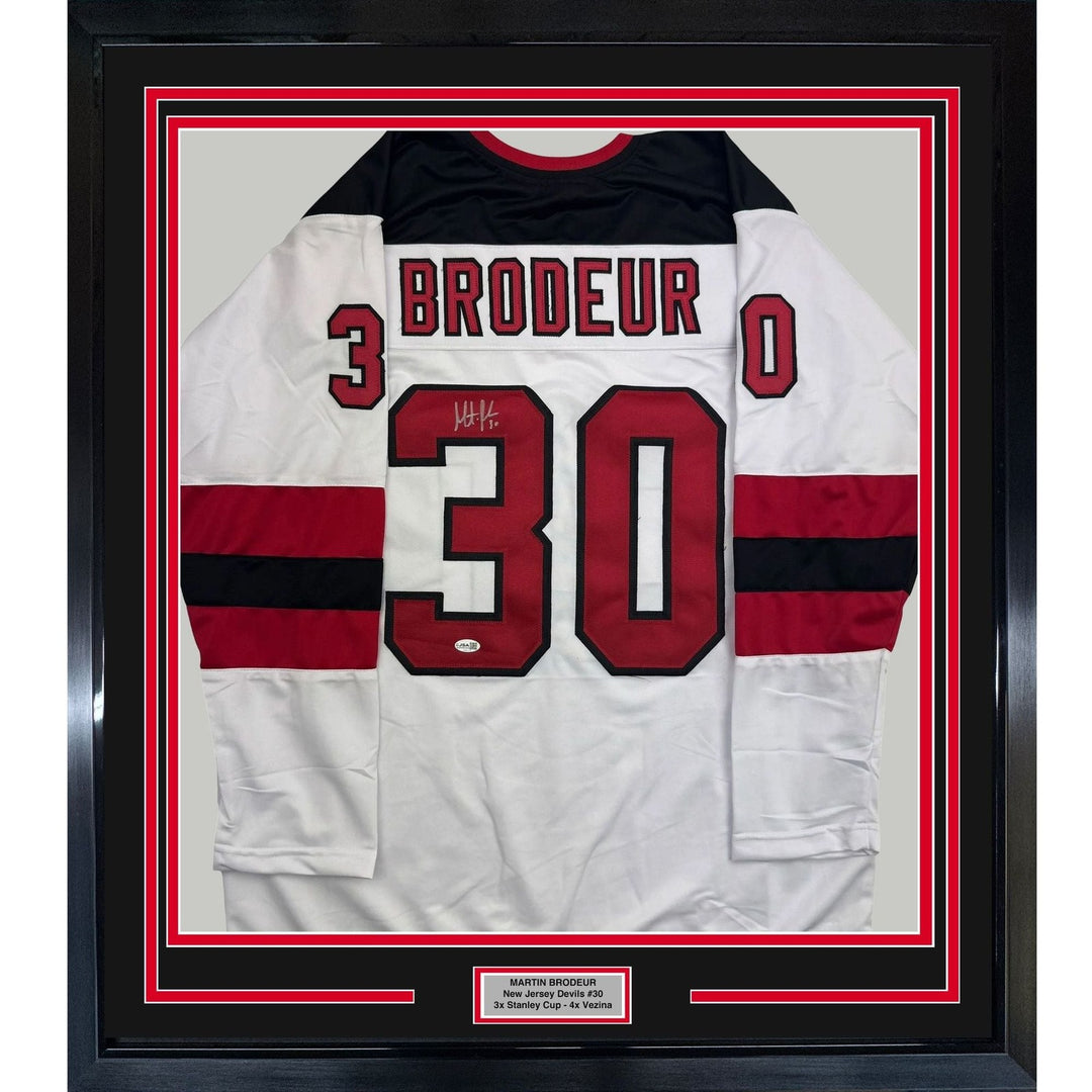 Framed Autographed/Signed Martin Brodeur 35x39 NJ White Jersey Beckett COA