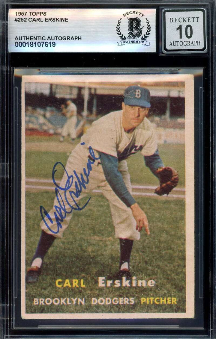 Carl Erskine Gem Mint 10 Beckett BAS Signed 1957 Topps Autograph Indians