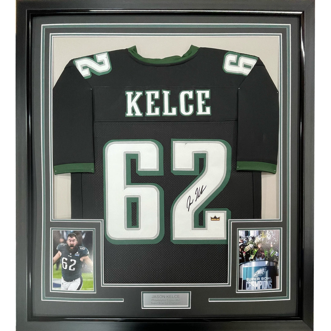Framed Facsimile Autographed Jason Kelce 33x42 Black Reprint Laser Auto Jersey