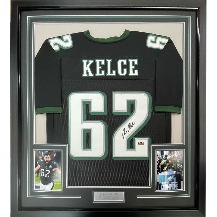 Framed Facsimile Autographed Jason Kelce 33x42 Black Reprint Laser Auto Jersey