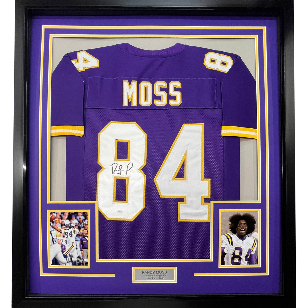 Framed Autographed/Signed Randy Moss 35x39 Minnesota Purple Jersey JSA COA