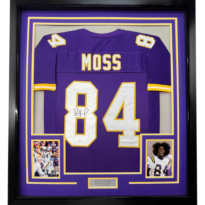 Framed Autographed/Signed Randy Moss 35x39 Minnesota Purple Jersey JSA COA