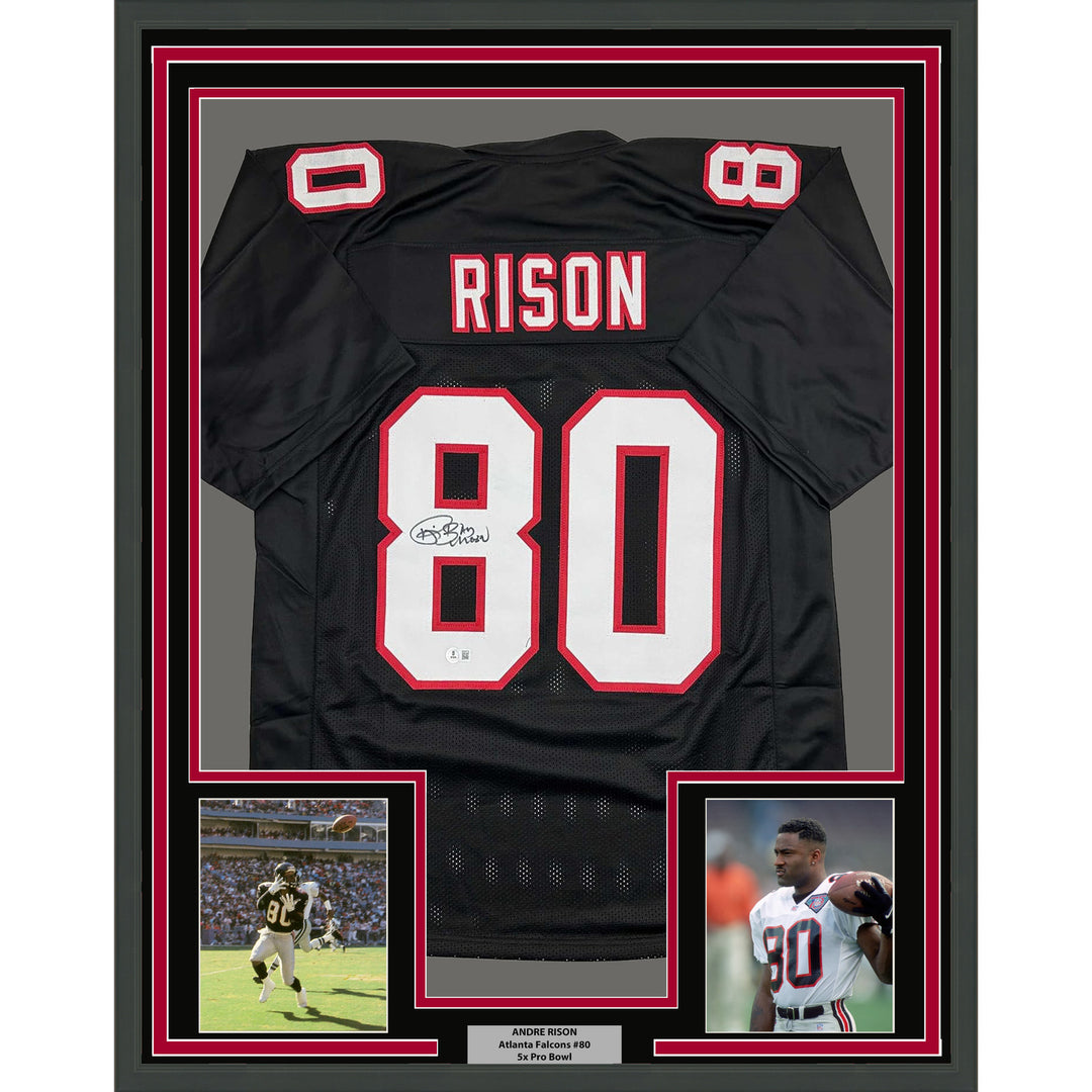 Framed Autographed/Signed Andre Rison 35x39 Atlanta Black Jersey Beckett BAS COA