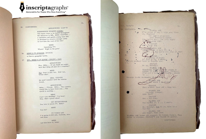 Paris Themmen's 1971 Willy Wonka Actual Movie Used Script for Mike TV COA Prop
