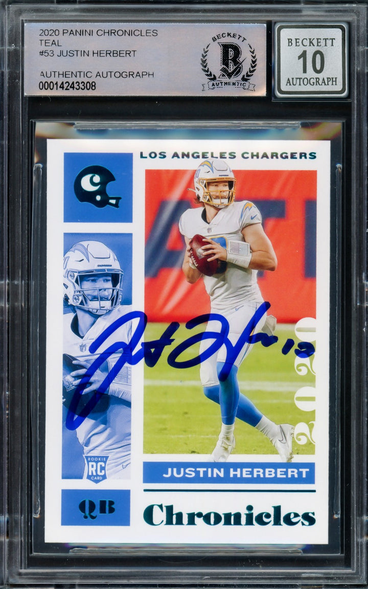 Justin Herbert Signed 2020 Panini Chronicles Teal Parallel RC 53 Sig 10 Beckett