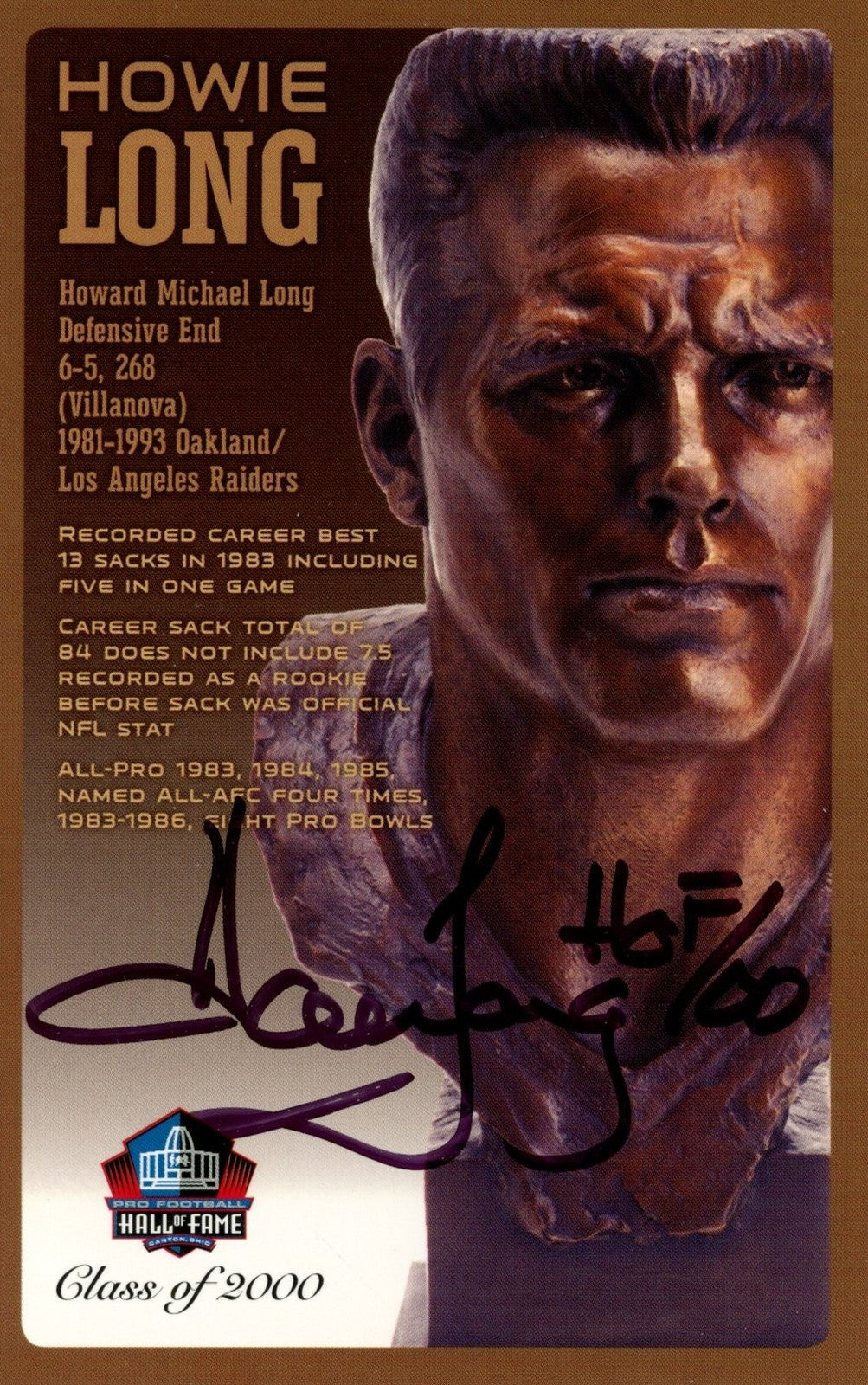 Howie Long Autographed/Signed Oakland Raiders HOF Postcard HOF 00 Beckett 55461