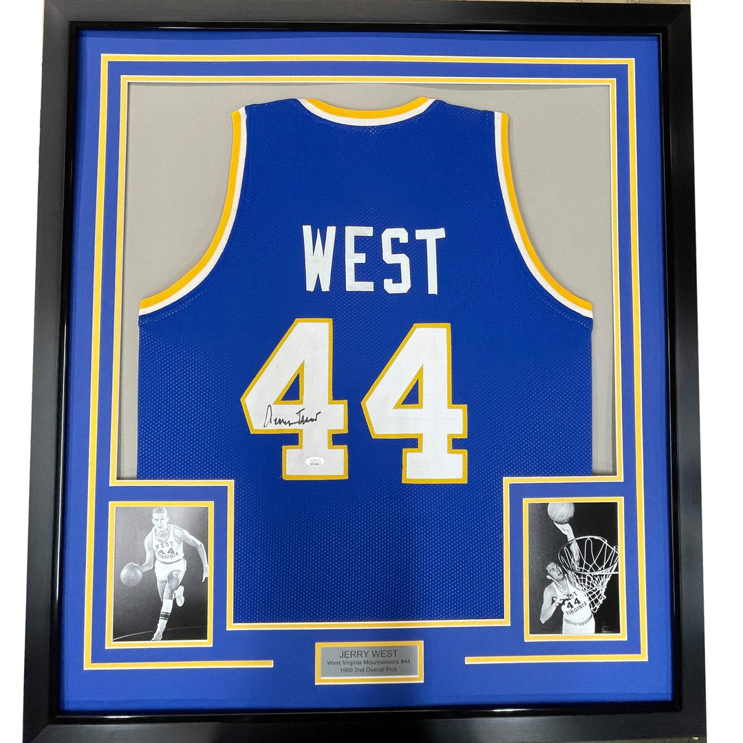 Framed Autographed/Signed Jerry West 33x42 West Virginia Blue Jersey JSA COA