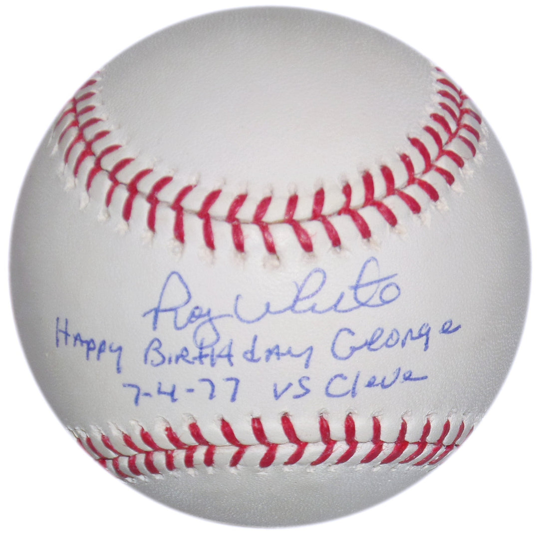 ROY WHITE SIGNED OML BALL "HAPPY BIRTHDAY GEORGE 7-4-77 vs CLEVE" STEINBRENNER