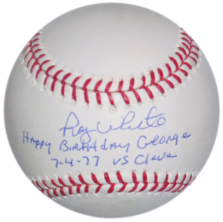 ROY WHITE SIGNED OML BALL "HAPPY BIRTHDAY GEORGE 7-4-77 vs CLEVE" STEINBRENNER