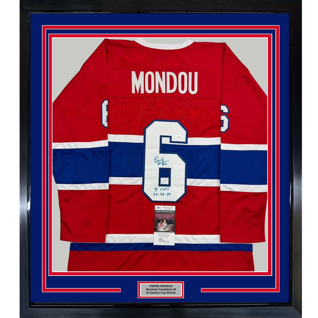 Framed Autographed/Signed Pierre Mondou 3 Cups 77-78-79 35x39 Red Jersey JSA COA