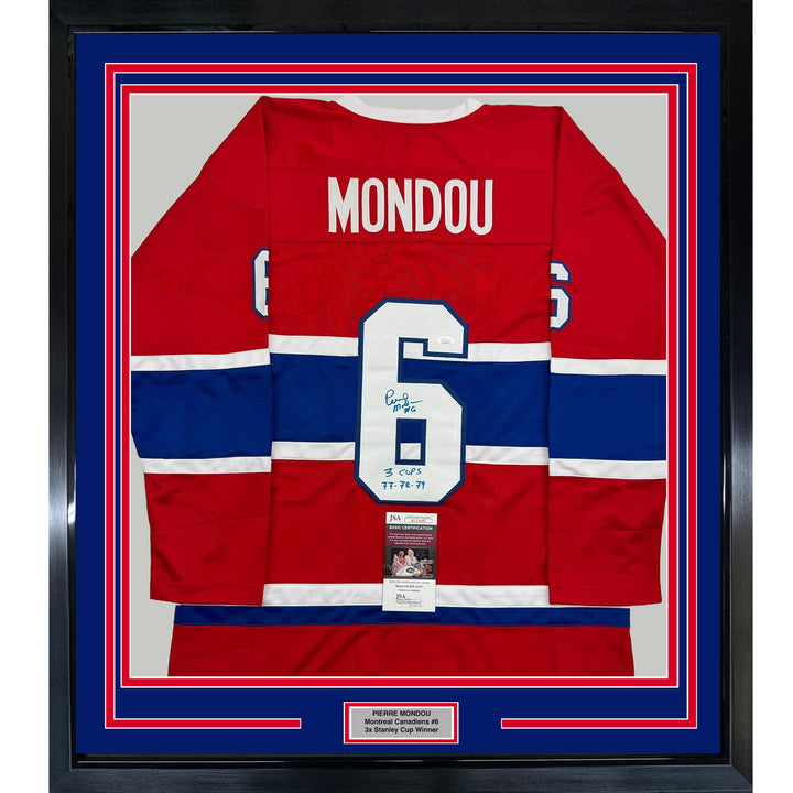 Framed Autographed/Signed Pierre Mondou 3 Cups 77-78-79 35x39 Red Jersey JSA COA