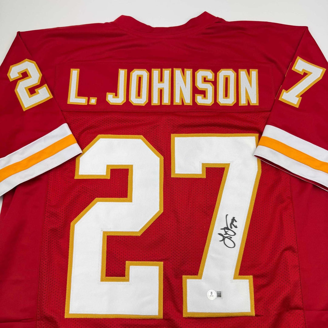 Autographed/Signed Larry Johnson Kansas City Red Jersey Beckett BAS COA