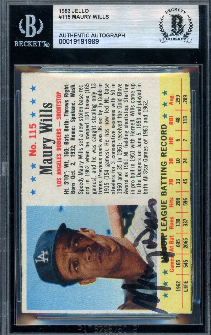 Maury Wills Beckett BAS Signed 1963 Jello Autograph