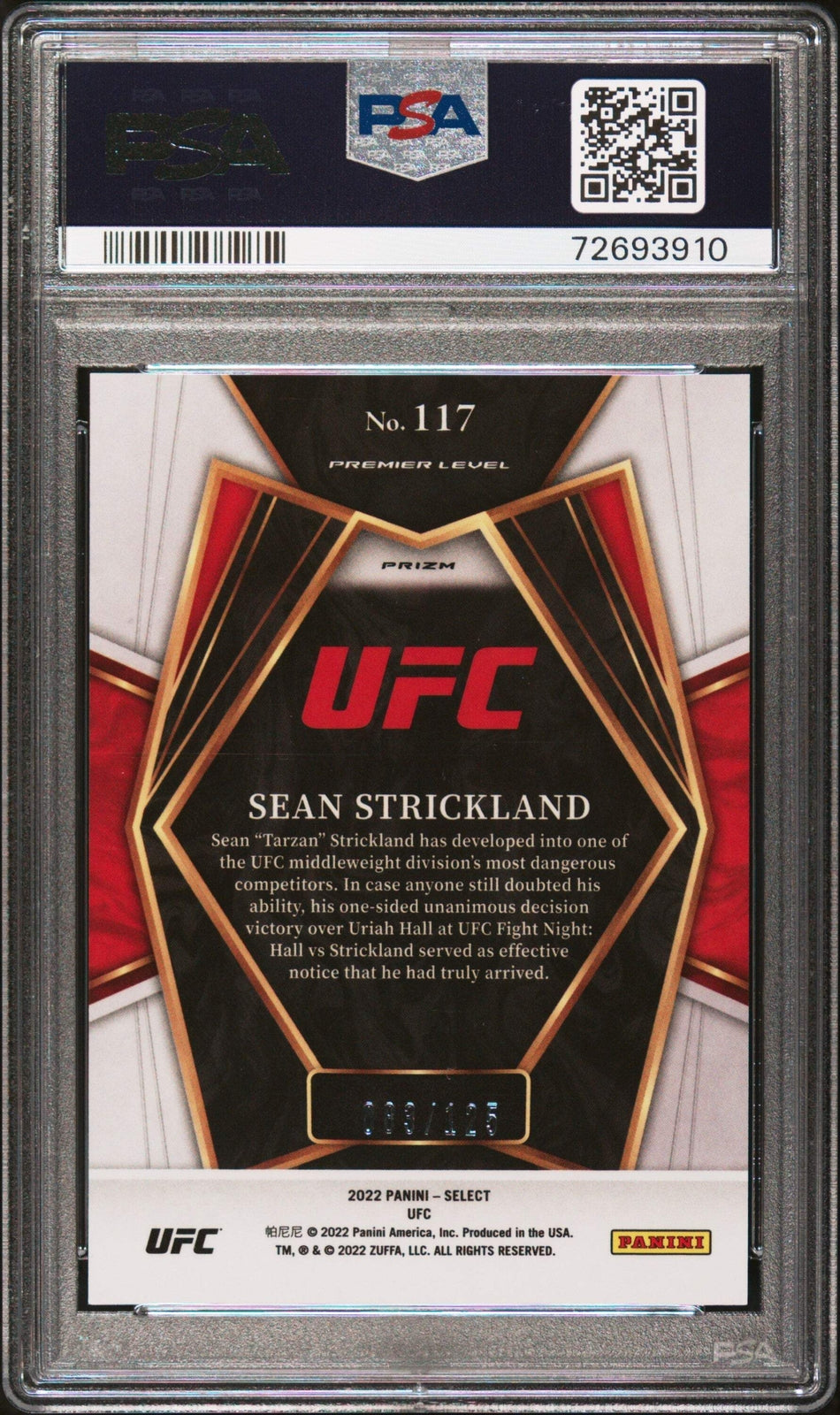 Graded 2022 Select UFC Sean Strickland #117 Maroon Prizm RC UFC MMA Card PSA 10
