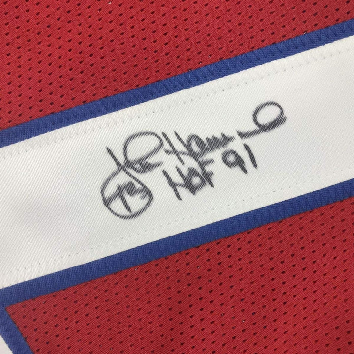 Autographed/Signed John Hannah HOF 91 New England Red Jersey JSA COA