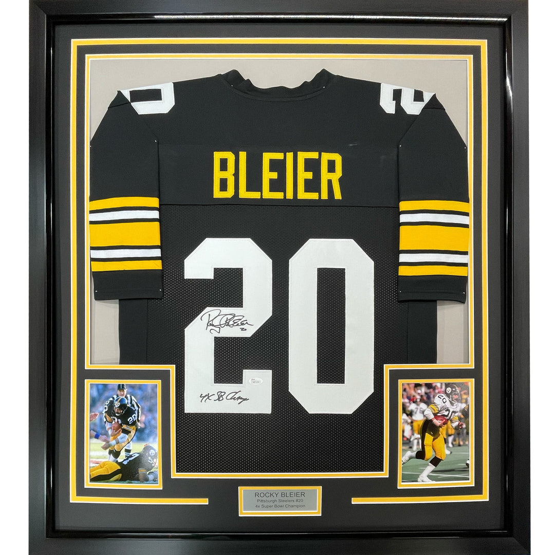 FRAMED Autographed/Signed ROCKY BLEIER 33x42 Pittsburgh Black Jersey JSA COA