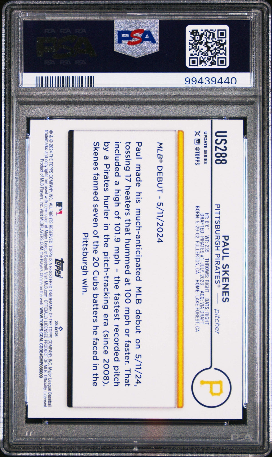 Graded 2024 Topps Update Paul Skenes #US288 Rookie RC Baseball Card PSA 10