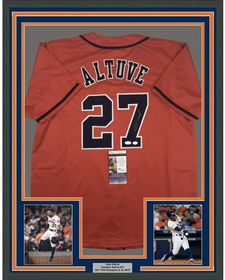 Framed Autographed/Signed Jose Altuve 33x42 Houston Orange Jersey JSA COA