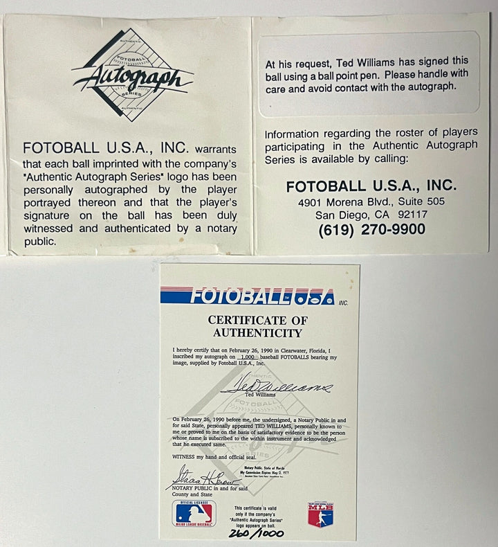 Ted Williams signed Fotoball USA MLB Baseball /1000 Lt  Sig - COA  Red Sox/HOF