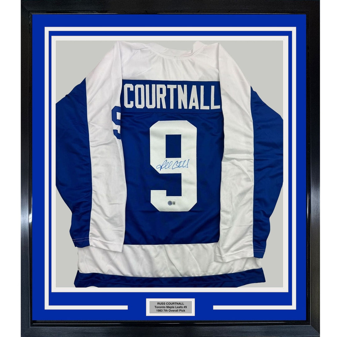 Framed Autographed/Signed Russ Courtnall 35x39 Toronto Blue Jersey BAS COA