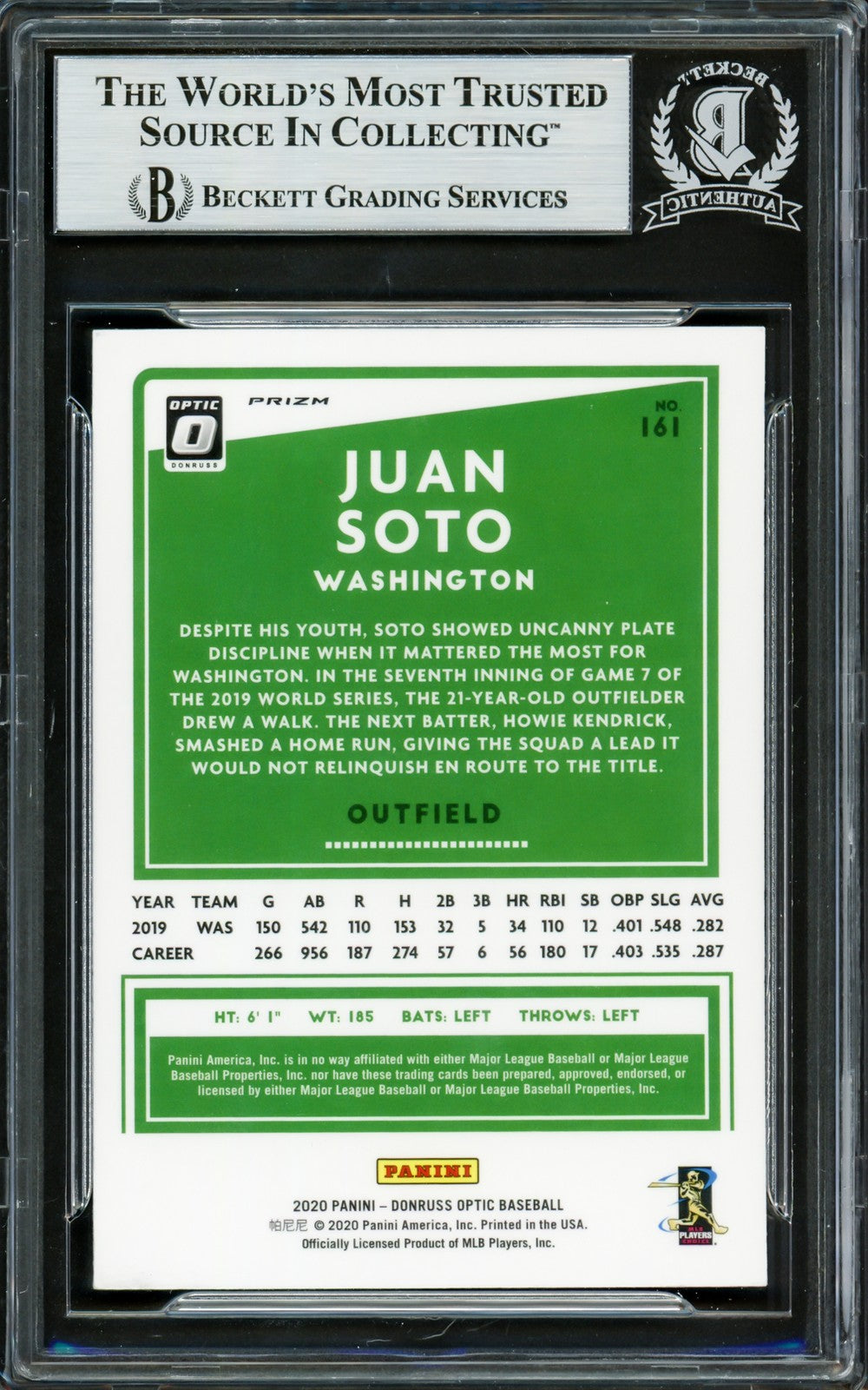 Juan Soto Signed 2020 Donruss Optic Blue & White Prizm Card 161 Mets Beckett