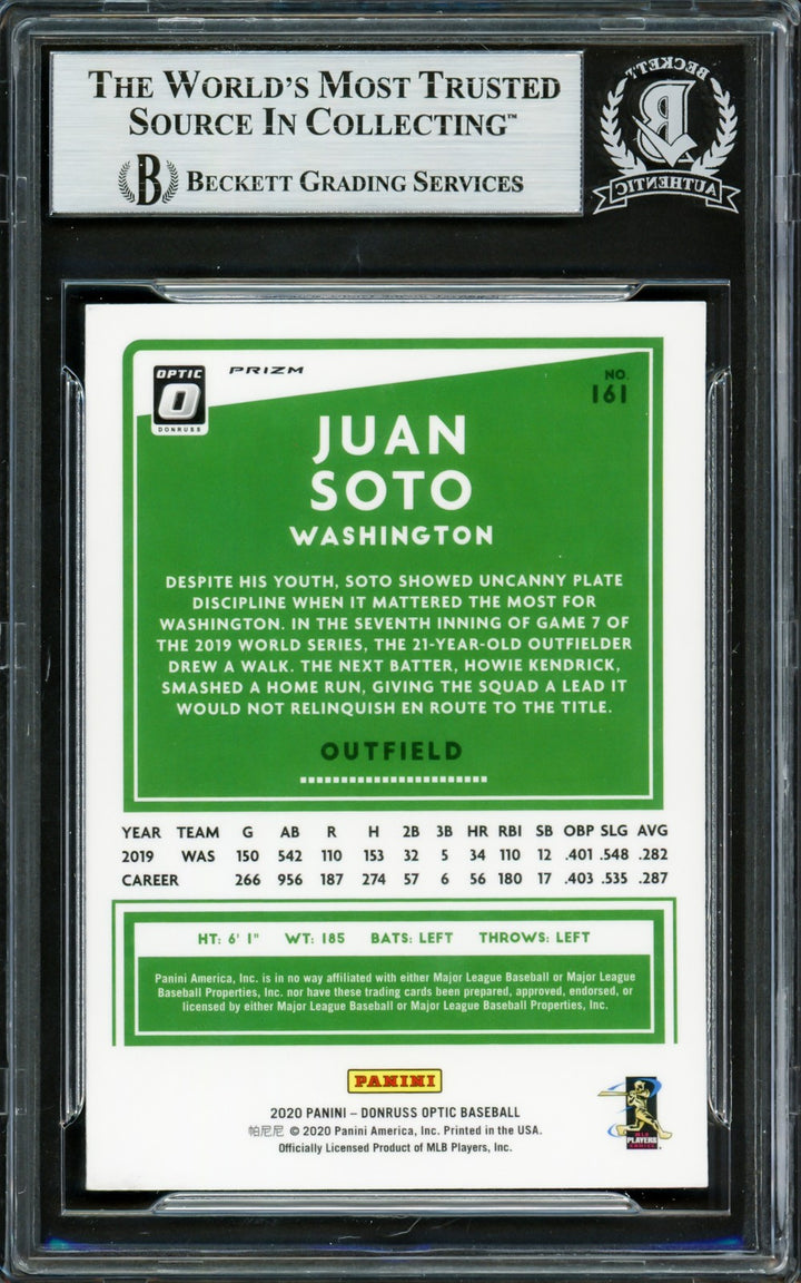 Juan Soto Signed 2020 Donruss Optic Blue & White Prizm Card 161 Mets Beckett