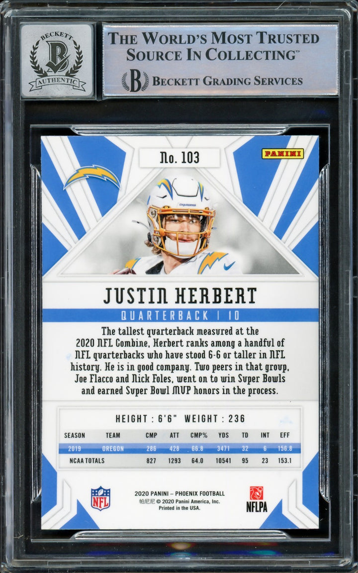 Justin Herbert Signed 2020 Panini Phoenix RC #103 Chargers Auto 10 Beckett