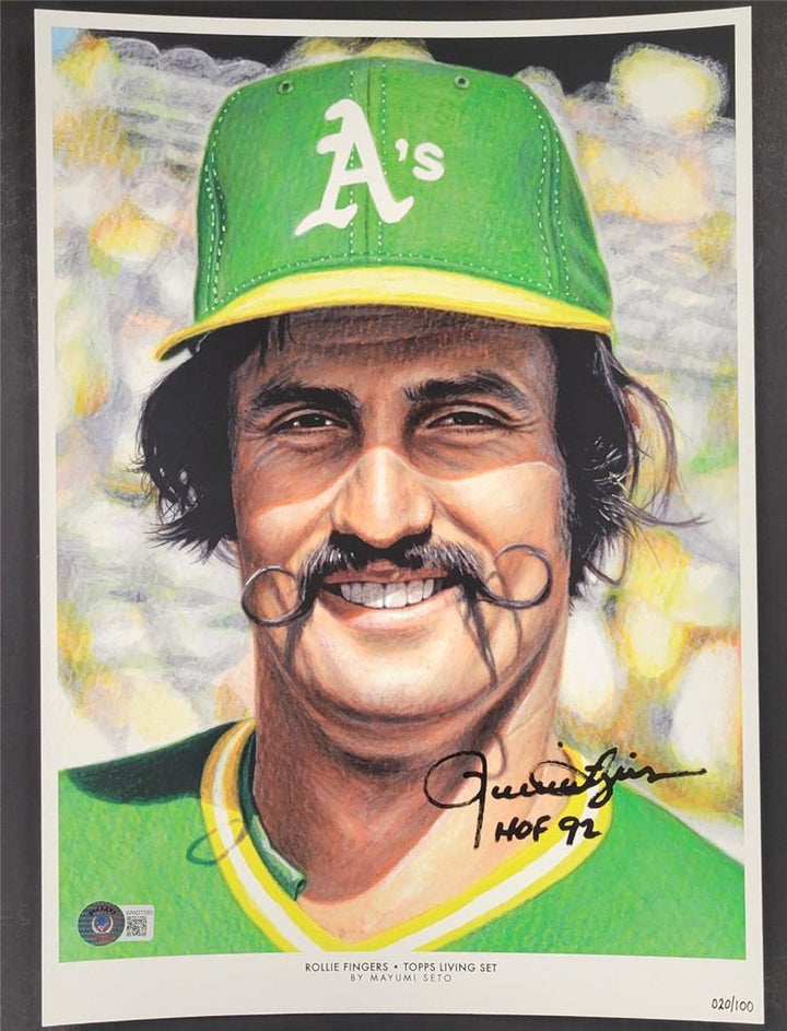 Rollie Fingers signed "HOF 92" Topps Living Set Fine Art Print /100~ Beckett BAS