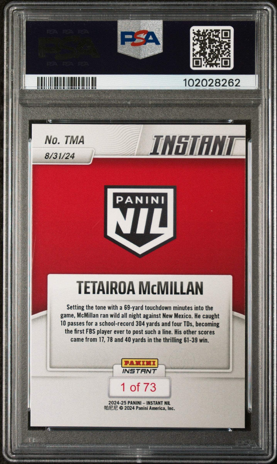 Graded 2024 Panini Instant NIL Tetairoa McMillan #TMA RC Football Card PSA 10