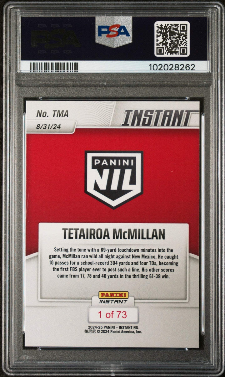 Graded 2024 Panini Instant NIL Tetairoa McMillan #TMA RC Football Card PSA 10