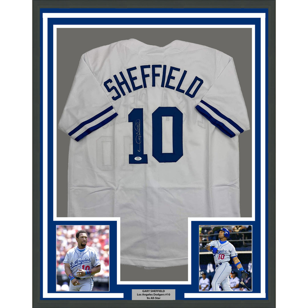 Framed Autographed/Signed Gary Sheffield 35x39 Los Angeles White Jersey PSA COA