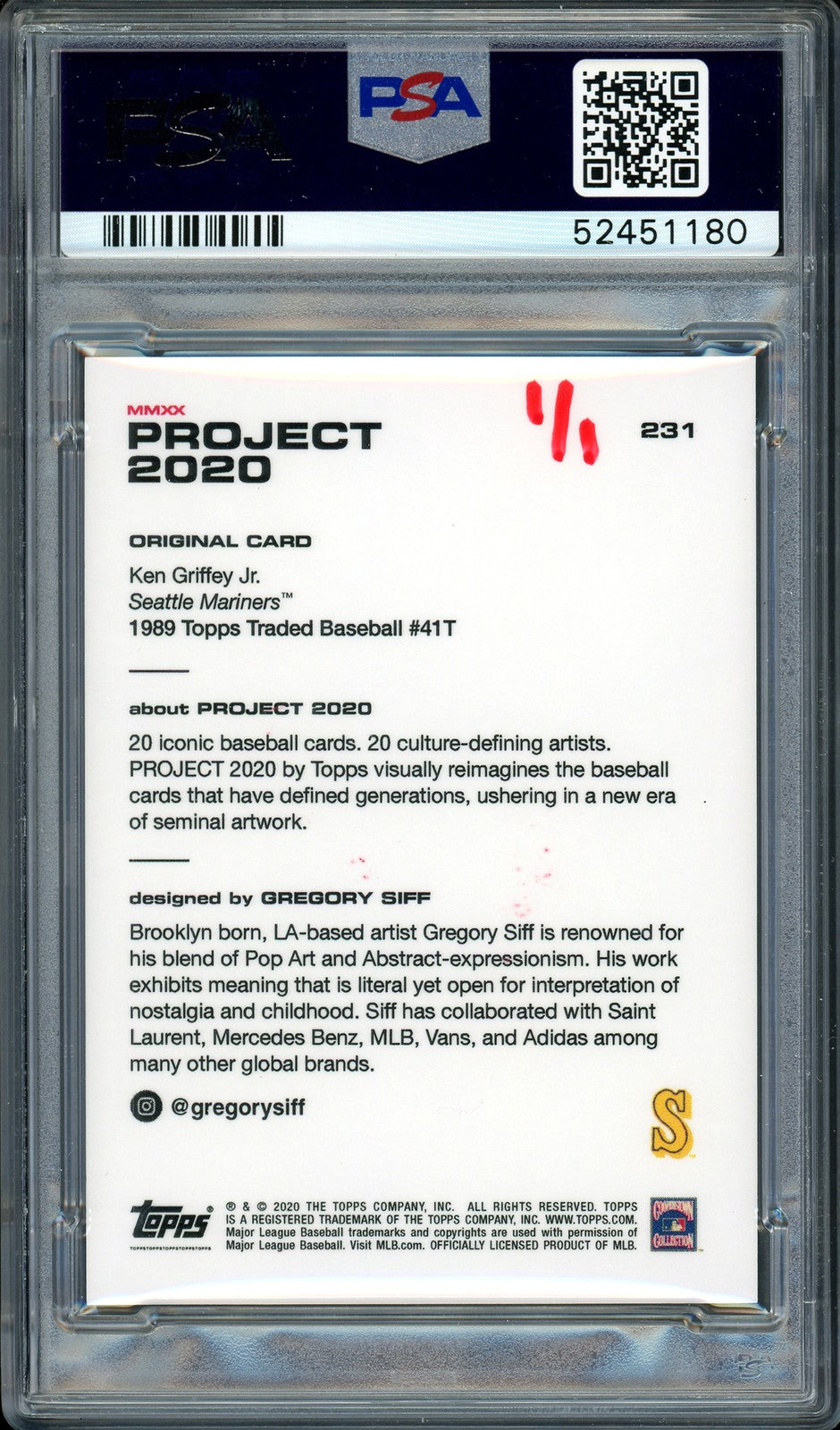 Ken Griffey Jr. Auto Topps Project 2020 Gregory Siff Card 231 1989 #1/1 PSA/DNA