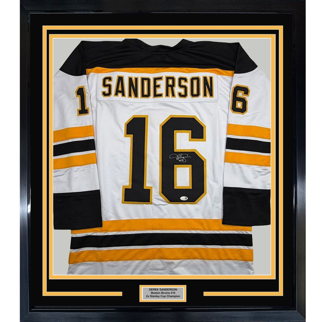 Framed Autographed/Signed Derek Sanderson 35x39 Boston White Jersey JSA COA
