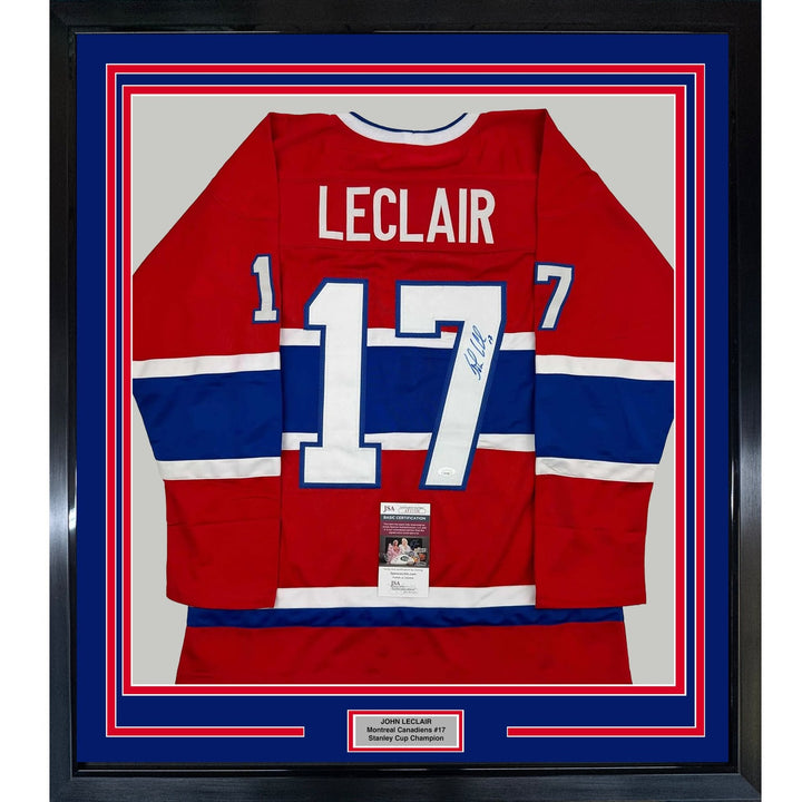 Framed Autographed/Signed John LeClair 35x39 Montreal Red Jersey JSA COA