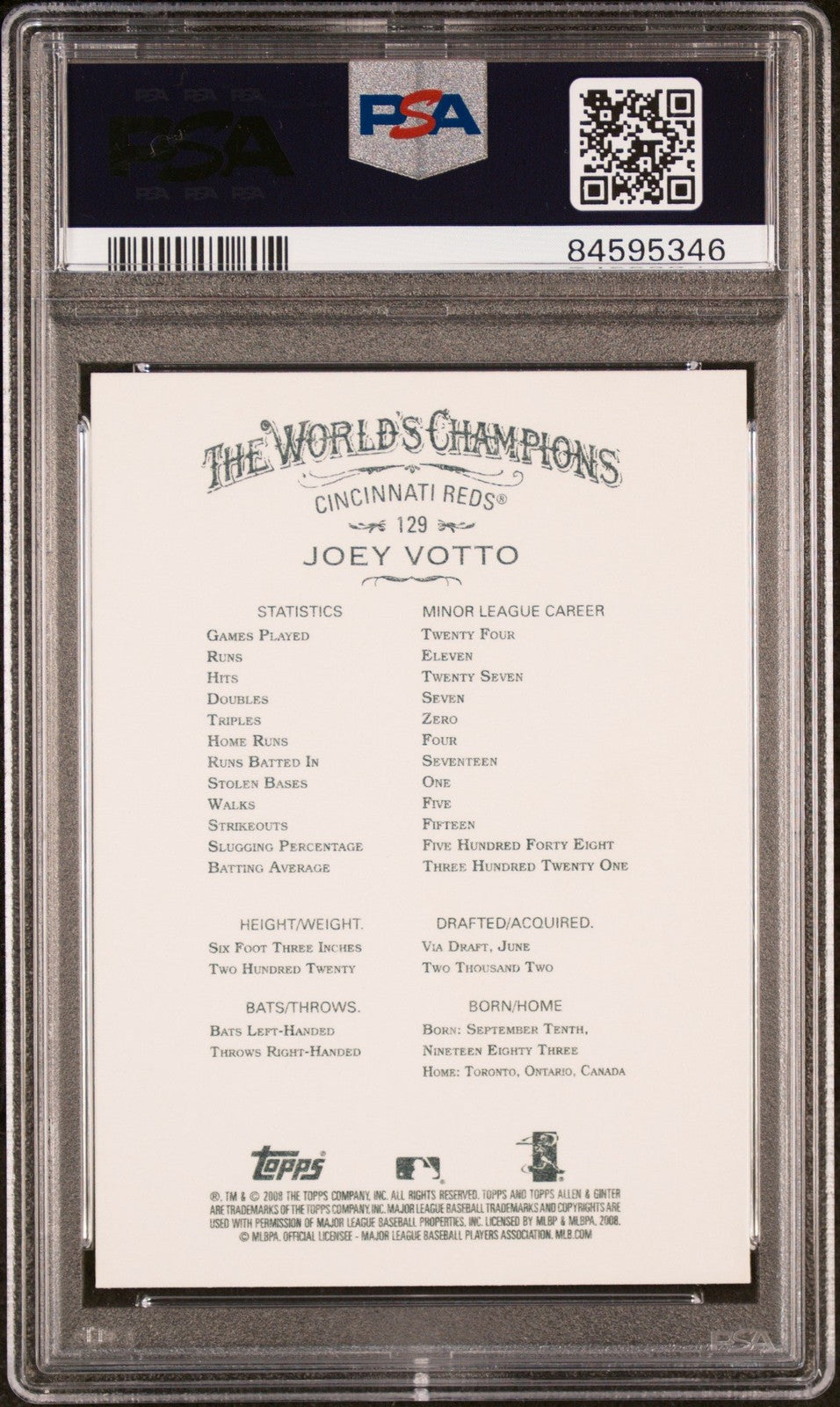 Graded 2008 Topps Allen & Ginter Joey Votto #129 Rookie RC Card PSA 10