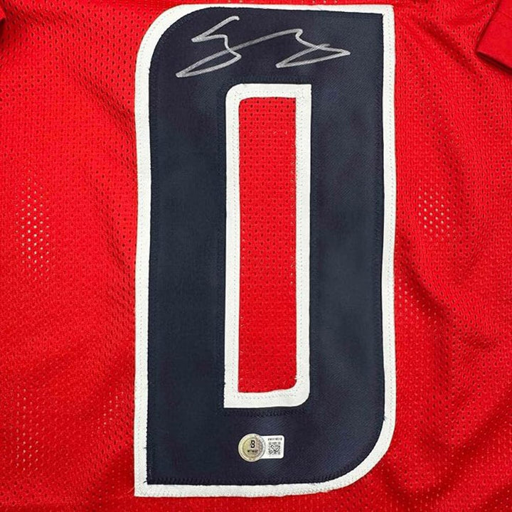 Framed Autographed/Signed Azeez Al Shaair 35x39 Houston Red Jersey Beckett COA