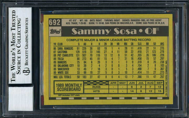 Sammy Sosa Signed 1990 Topps RC #692 Chicago White Sox Auto Grade 10 Beckett