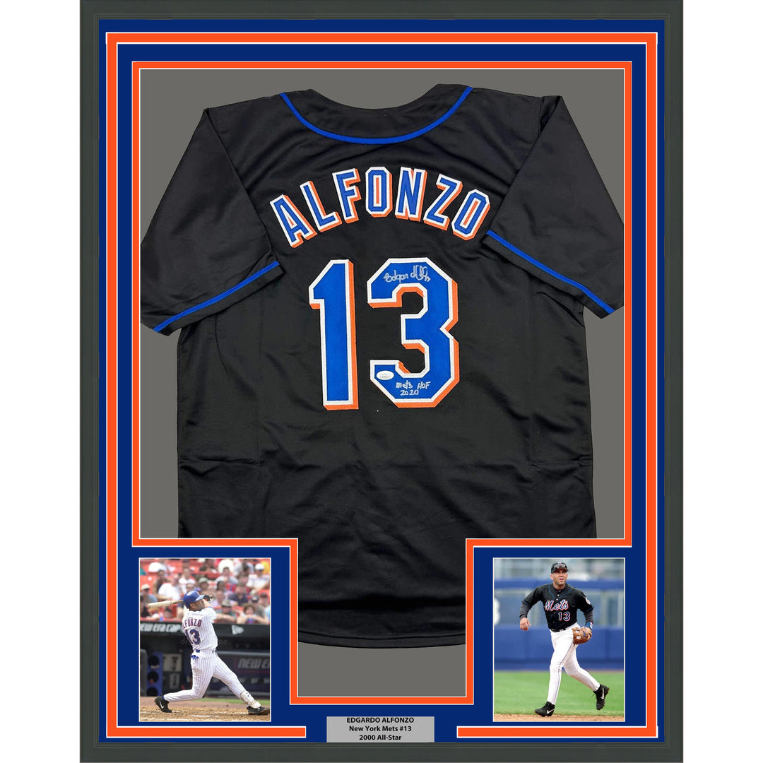Framed Autographed/Signed Edgardo Alfonzo 35x39 New York Black Jersey JSA COA